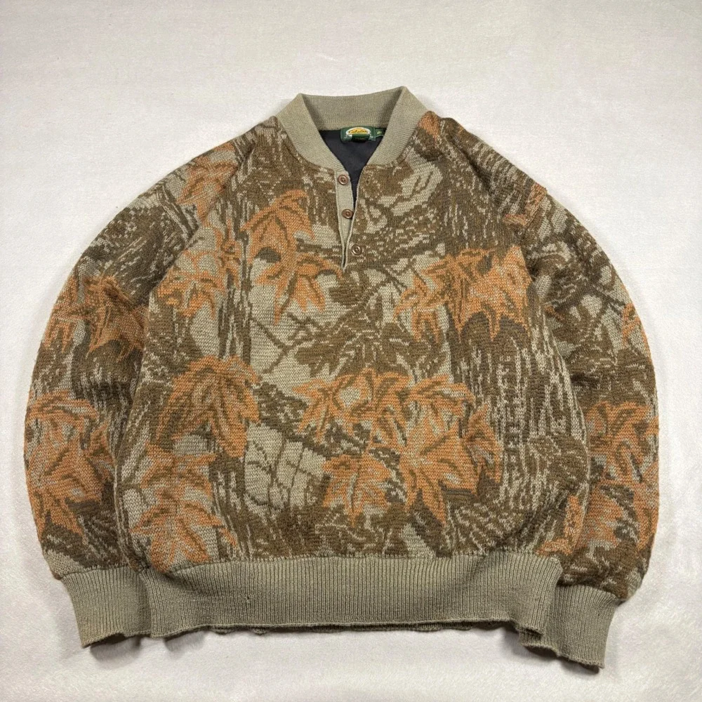 Cabelas Wool Gore Windstopper Lined Sweater Mens Large Camo Henley Made in USA